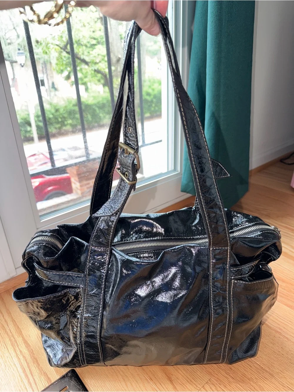 Not Rational Black Patent Leather Slouchy Shoulder Tote Bag Y2K
